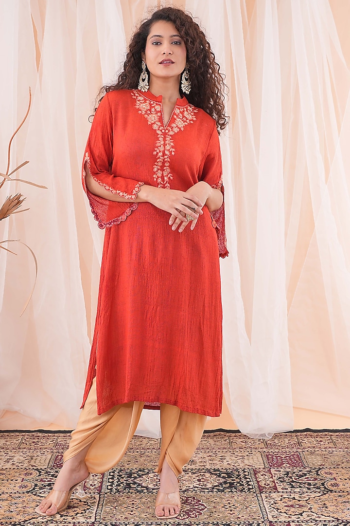 Rust Red Organic Cotton Linen Resham Embroidered Kurta Set by Farha Syed