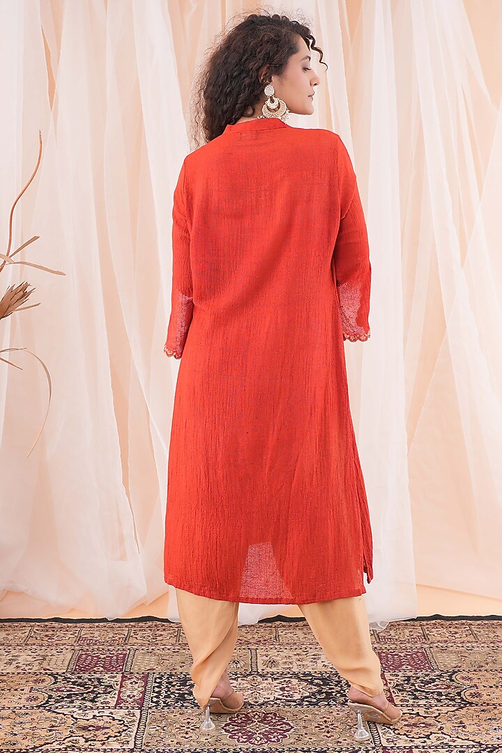 Rust Red Organic Cotton Linen Resham Embroidered Kurta Set by Farha Syed at Pernia's Pop Up Shop