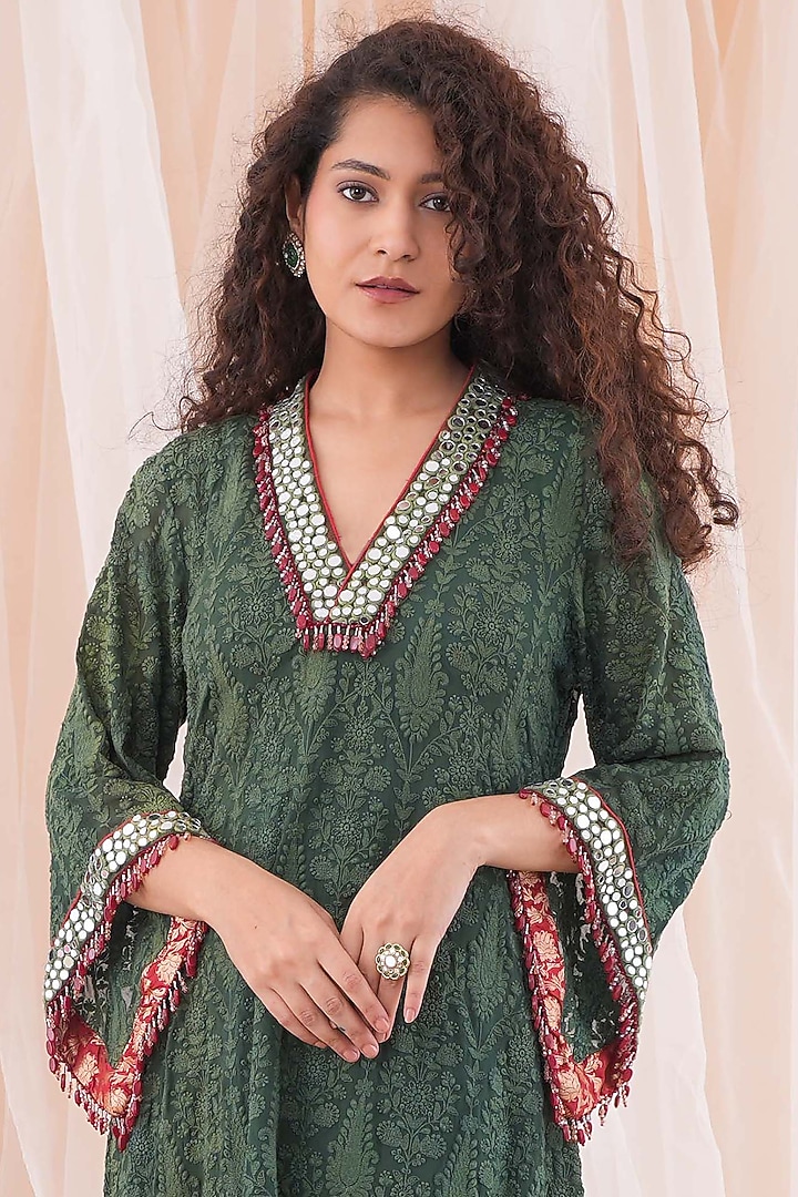 Pine Green Georgette & Banarasi Brocade Mirror Embroidered Kurta Set by Farha Syed at Pernia's Pop Up Shop