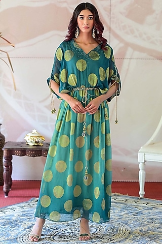 Green Banarasi Georgette Cutdana Handwork Kaftan by Farha Syed