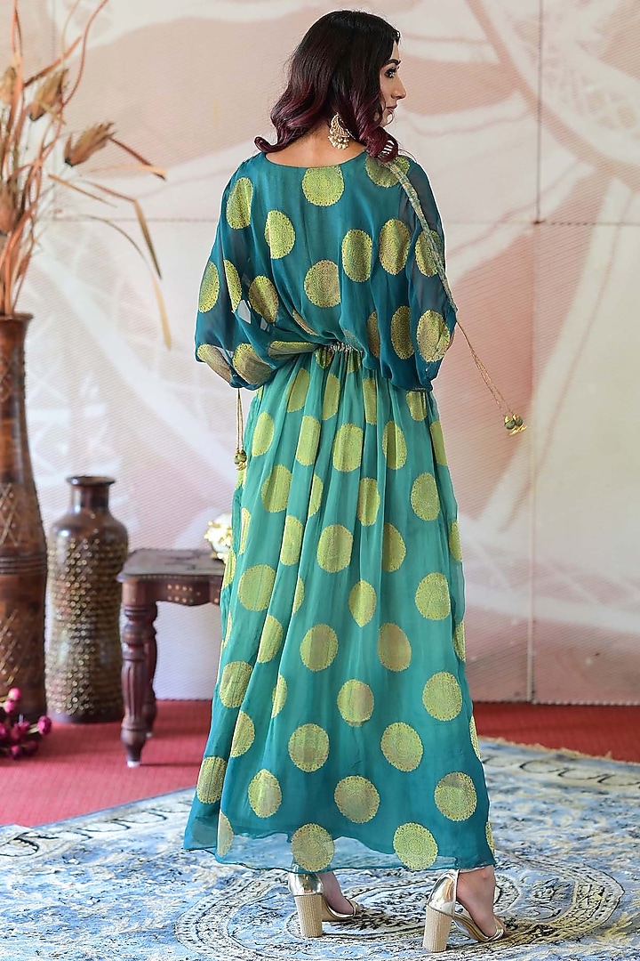 Green Banarasi Georgette Cutdana Handwork Kaftan by Farha Syed at Pernia's Pop Up Shop