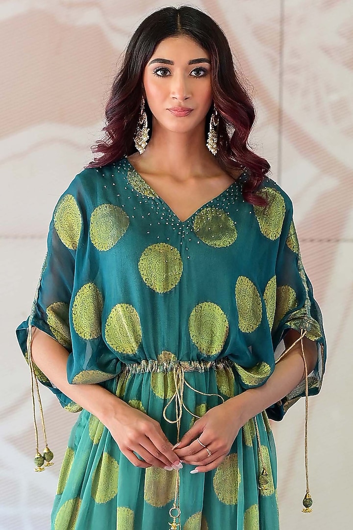 Green Banarasi Georgette Cutdana Handwork Kaftan by Farha Syed at Pernia's Pop Up Shop