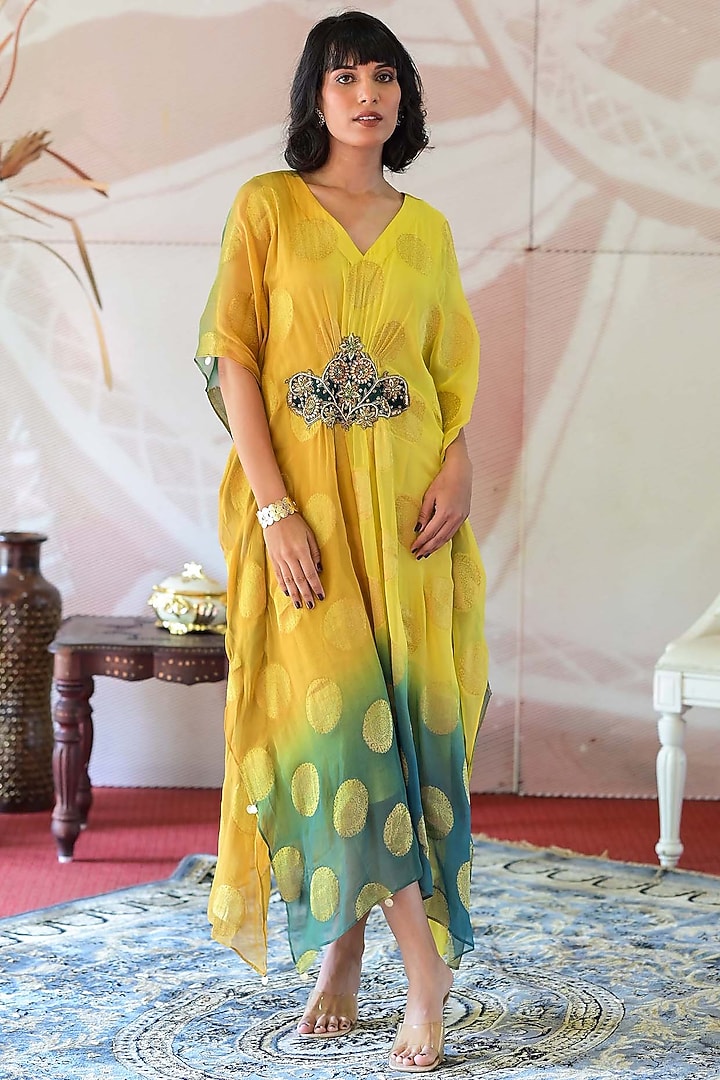Yellow & Green Banarasi Georgette Zardosi Handwork Kaftan by Farha Syed at Pernia's Pop Up Shop