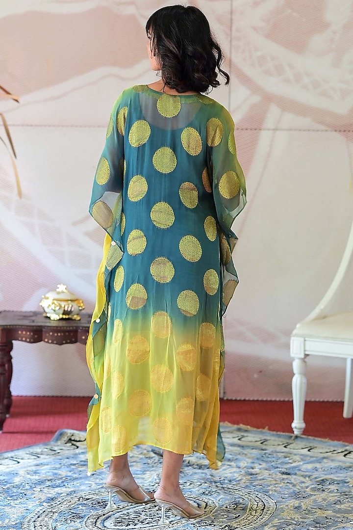 Yellow & Green Banarasi Georgette Zardosi Handwork Kaftan by Farha Syed at Pernia's Pop Up Shop