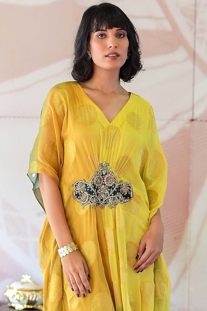Yellow & Green Banarasi Georgette Zardosi Handwork Kaftan by Farha Syed at Pernia's Pop Up Shop