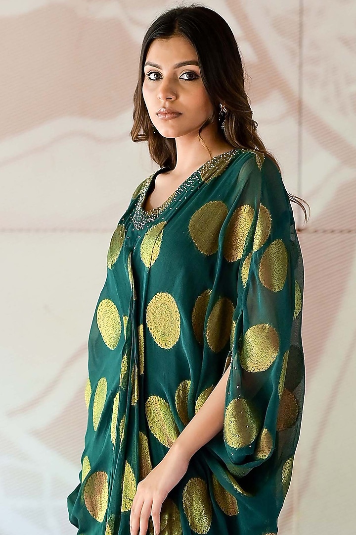 Green Banarasi Georgette Cutdana Handwork Kaftan by Farha Syed at Pernia's Pop Up Shop