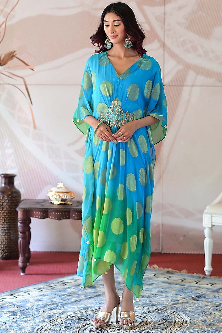 Sky Blue & Green Banarasi Georgette Zardosi Handwork Kaftan by Farha Syed at Pernia's Pop Up Shop