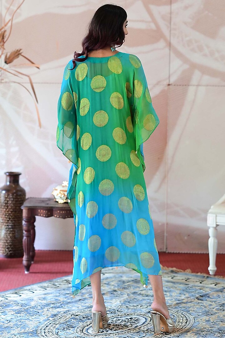Sky Blue & Green Banarasi Georgette Zardosi Handwork Kaftan by Farha Syed at Pernia's Pop Up Shop