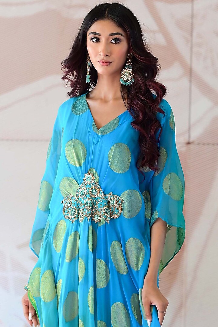 Sky Blue & Green Banarasi Georgette Zardosi Handwork Kaftan by Farha Syed at Pernia's Pop Up Shop