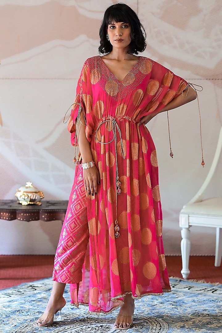 Pink Banarasi Georgette Cutdana Handwork Kurta Set by Farha Syed