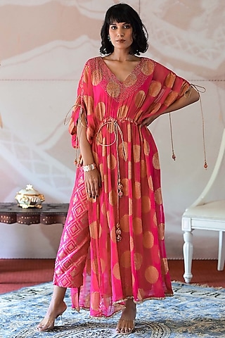 Pink Banarasi Georgette Cutdana Handwork Kurta Set by Farha Syed