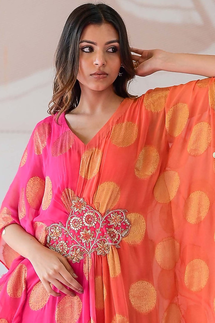 Pink & Orange Banarasi Georgette Zardosi Handwork Kaftan by Farha Syed at Pernia's Pop Up Shop