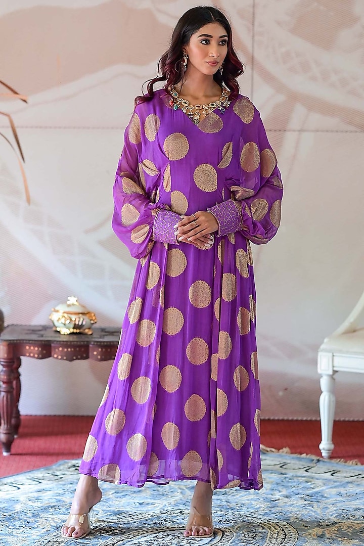 Purple Banarasi Georgette Cutdana Handwork Kaftan by Farha Syed
