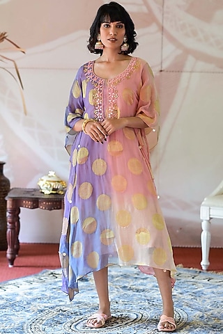 Pink & Purple Banarasi Georgette Resham Embroidered Kaftan by Farha Syed