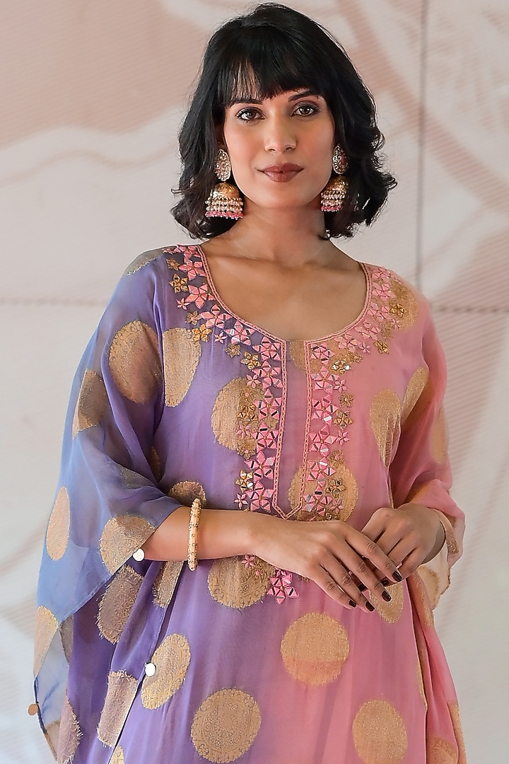 Pink & Purple Banarasi Georgette Resham Embroidered Kaftan by Farha Syed at Pernia's Pop Up Shop