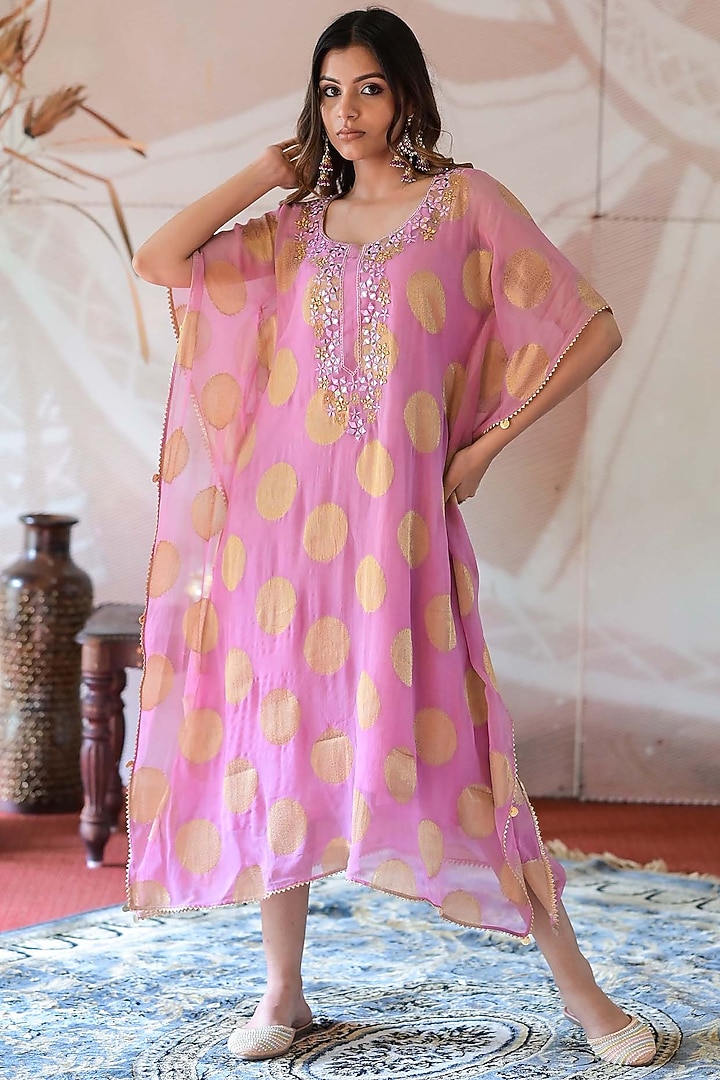 Pink Banarasi Georgette Resham Embroidered Kaftan by Farha Syed at Pernia's Pop Up Shop