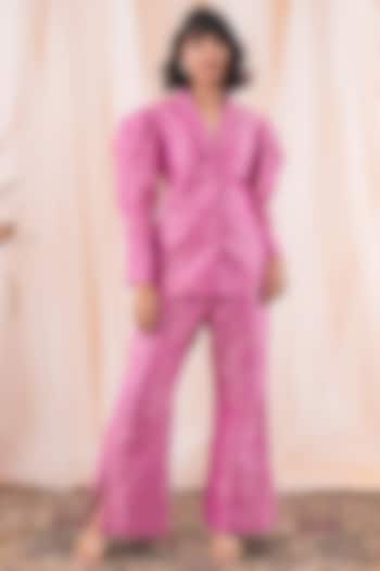 Magenta Pink Banarasi Brocade Blazer Set by Farha Syed