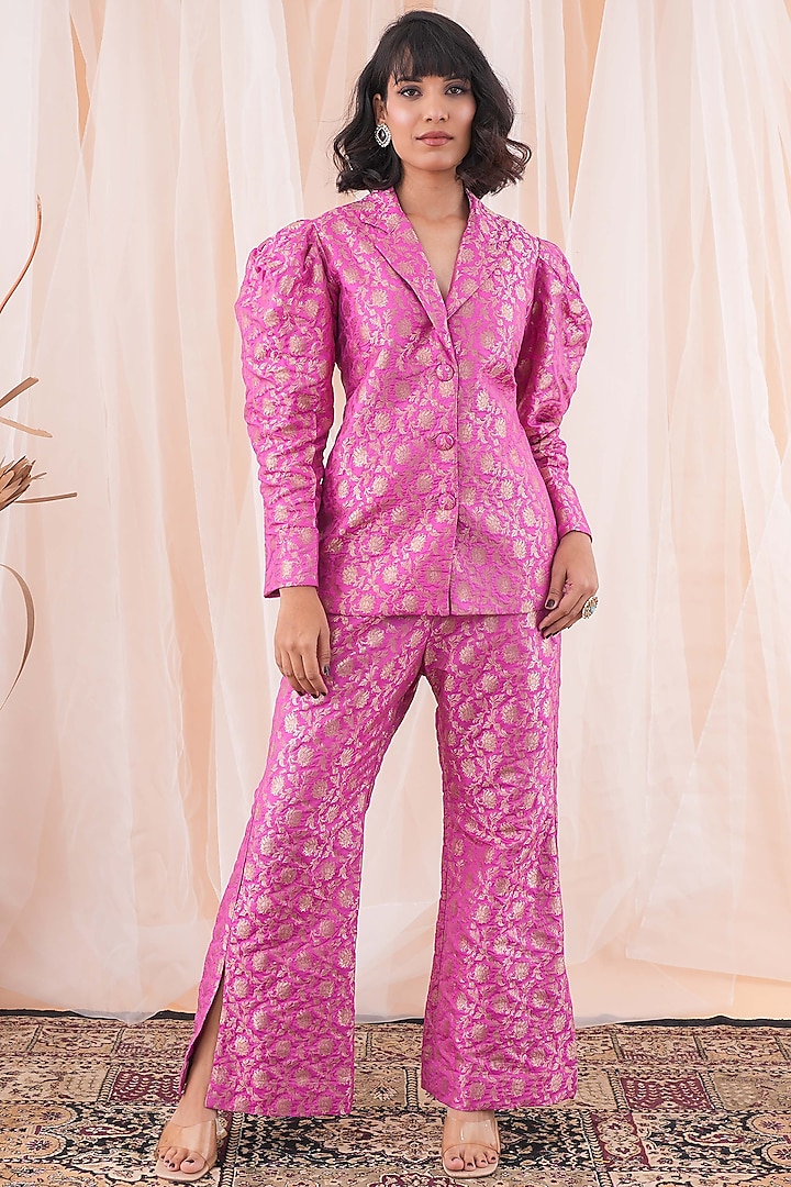 Magenta Pink Banarasi Brocade Blazer Set by Farha Syed