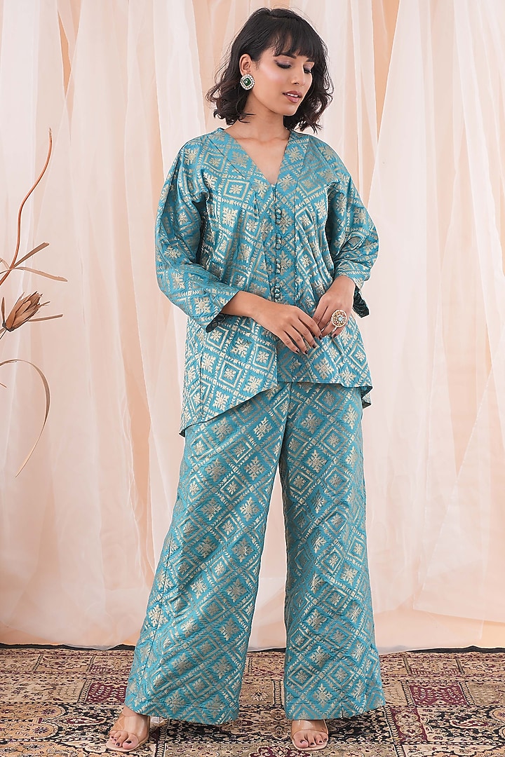Turquoise Blue Banarasi Brocade Co-Ord Set by Farha Syed