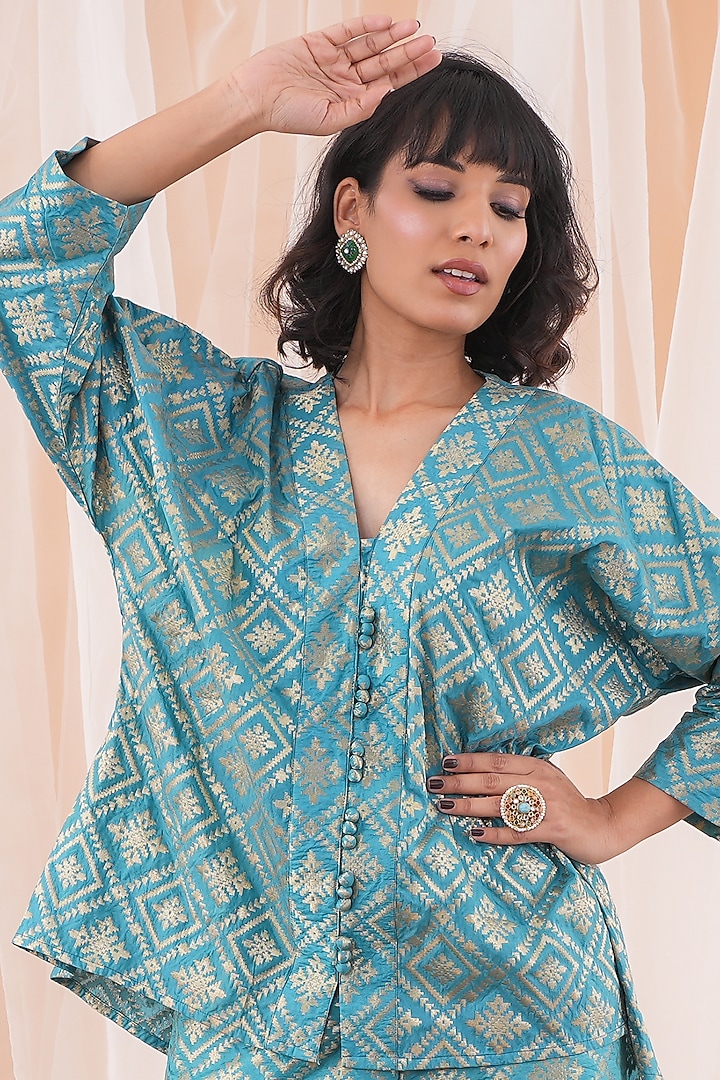 Turquoise Blue Banarasi Brocade Co-Ord Set by Farha Syed at Pernia's Pop Up Shop
