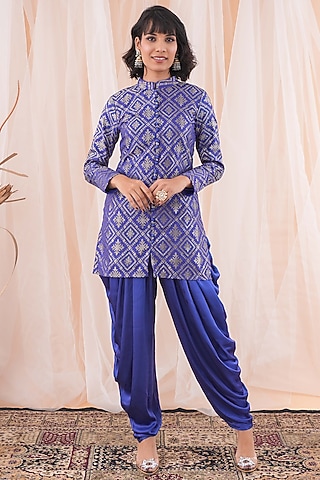 Blue Banarasi Brocade Jacket Set by Farha Syed