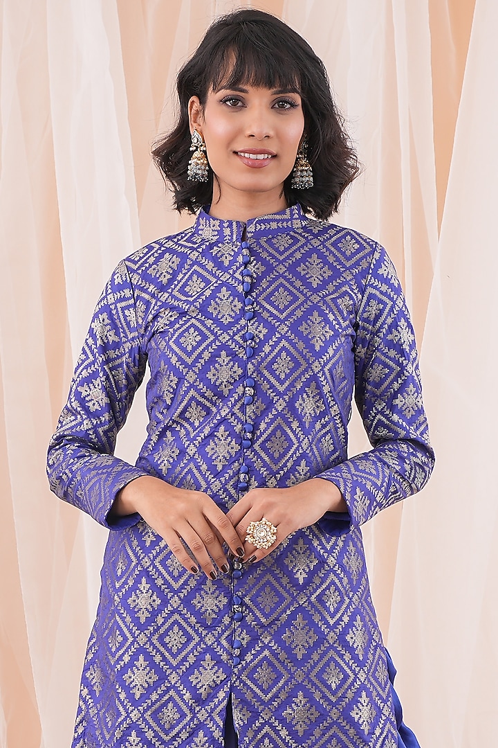 Blue Banarasi Brocade Jacket Set by Farha Syed at Pernia's Pop Up Shop