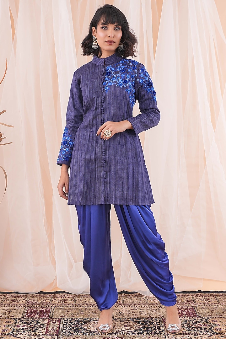 Blue Tussar Ghicha Silk Embroidered Jacket Set by Farha Syed at Pernia's Pop Up Shop