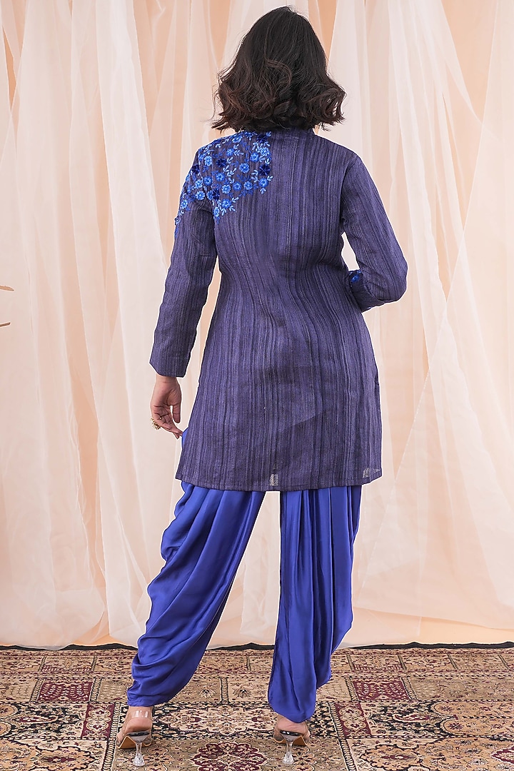 Blue Tussar Ghicha Silk Embroidered Jacket Set by Farha Syed at Pernia's Pop Up Shop