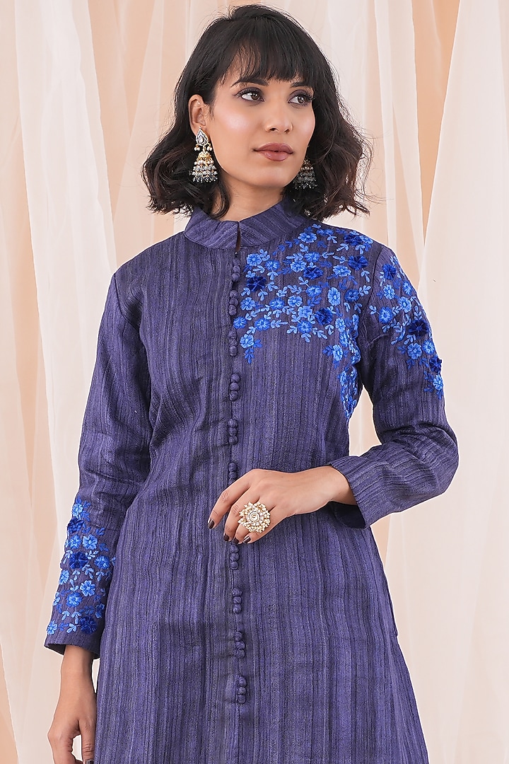 Blue Tussar Ghicha Silk Embroidered Jacket Set by Farha Syed at Pernia's Pop Up Shop