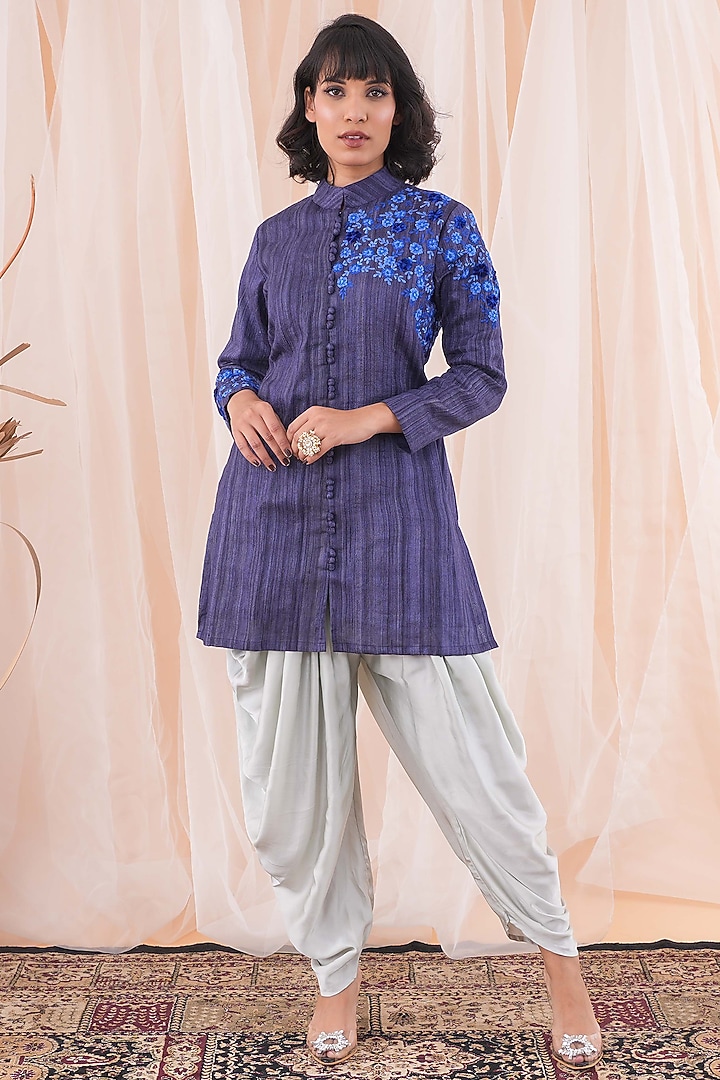 Blue Tussar Ghicha Silk Embroidered Jacket Set by Farha Syed at Pernia's Pop Up Shop