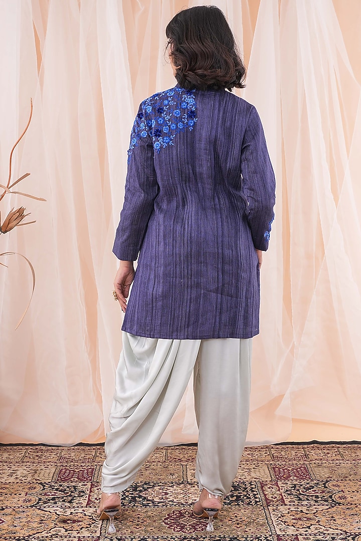 Blue Tussar Ghicha Silk Embroidered Jacket Set by Farha Syed at Pernia's Pop Up Shop