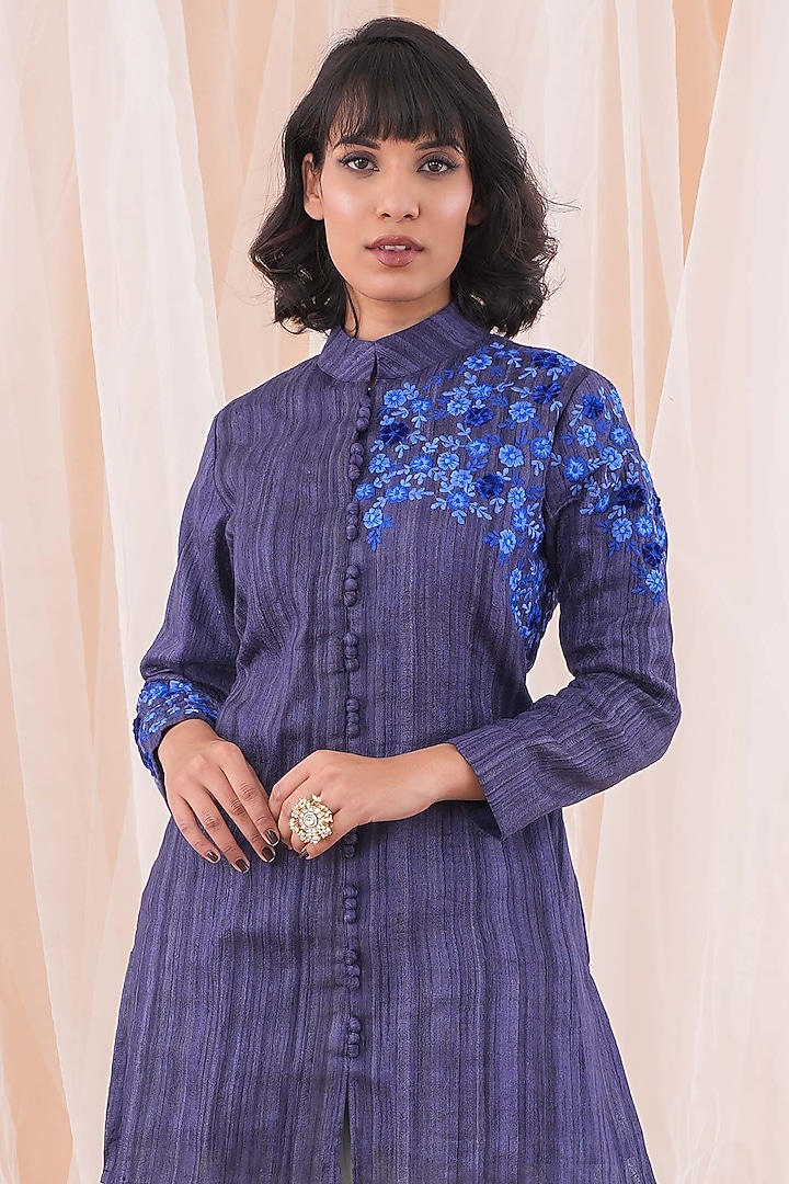 Blue Tussar Ghicha Silk Embroidered Jacket Set by Farha Syed at Pernia's Pop Up Shop
