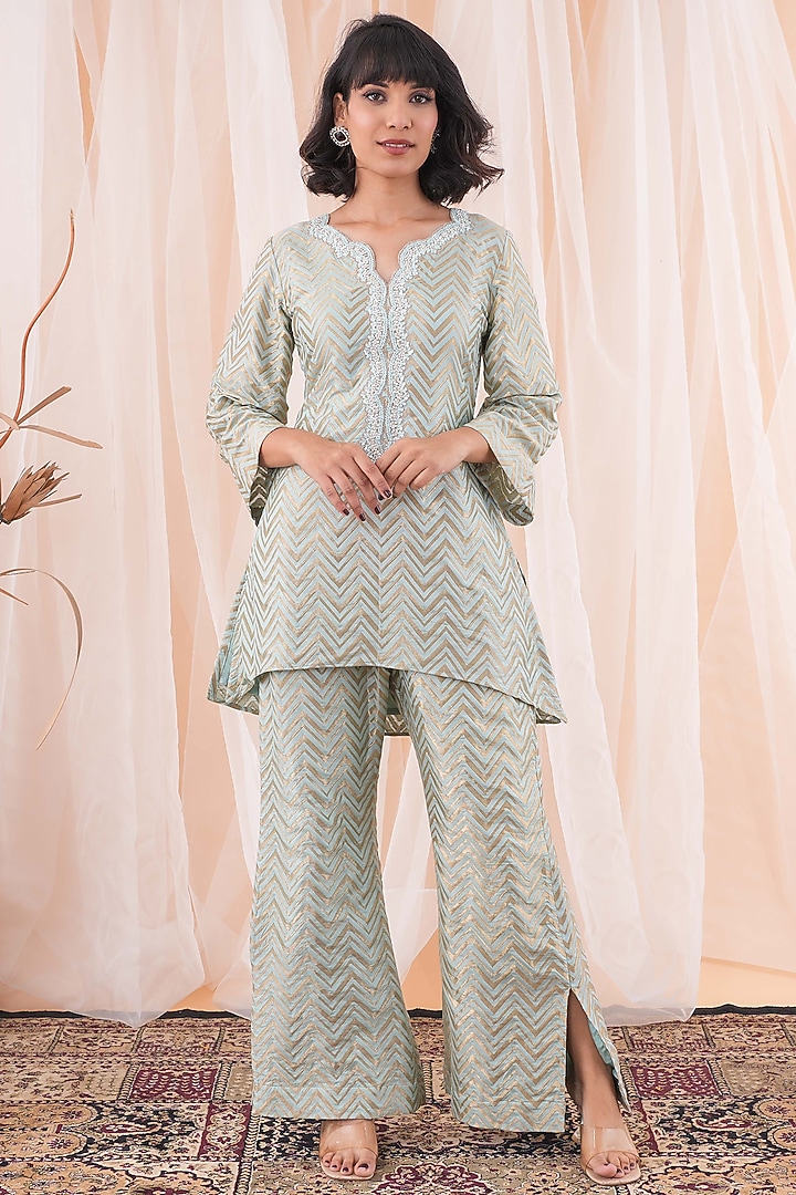 Powder Blue Banarasi Brocade Hand Embroidered Co-Ord Set by Farha Syed at Pernia's Pop Up Shop