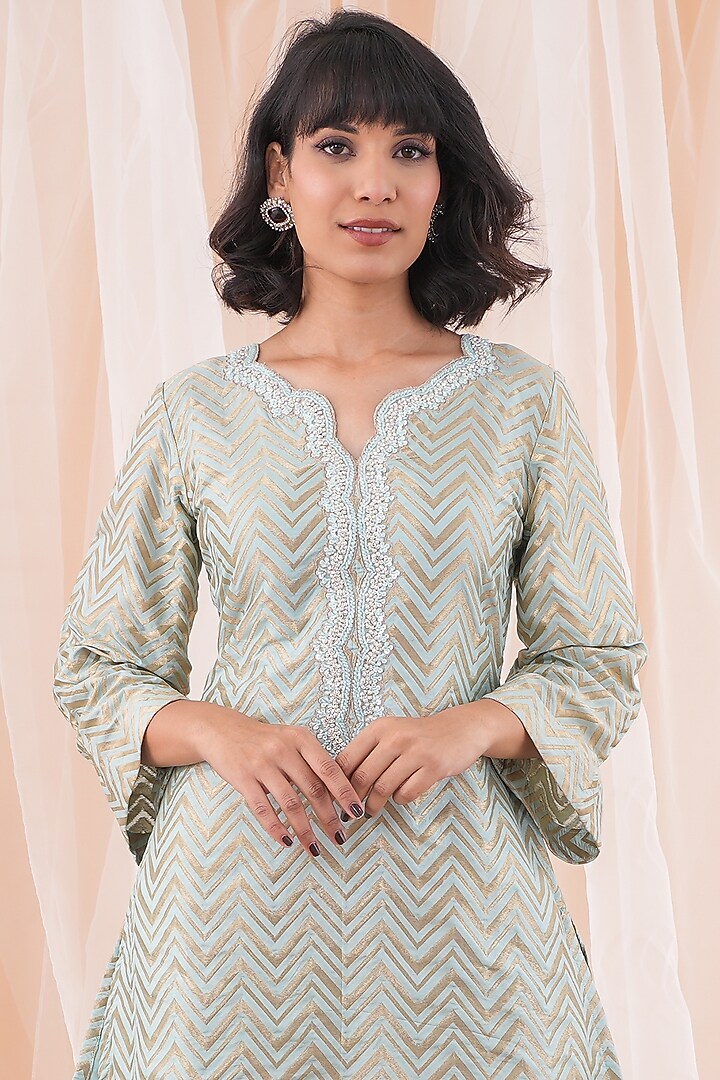 Powder Blue Banarasi Brocade Hand Embroidered Co-Ord Set by Farha Syed at Pernia's Pop Up Shop