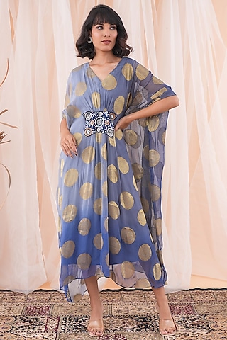 Blue & Grey Banarasi Georgette Hand Embroidered Kaftan by Farha Syed