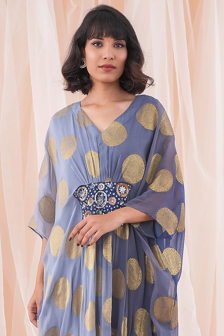 Blue & Grey Banarasi Georgette Hand Embroidered Kaftan by Farha Syed at Pernia's Pop Up Shop