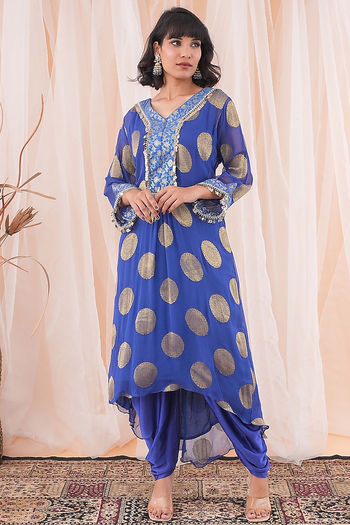 Blue Banarasi Georgette Pearl Embroidered Kurta Set by Farha Syed