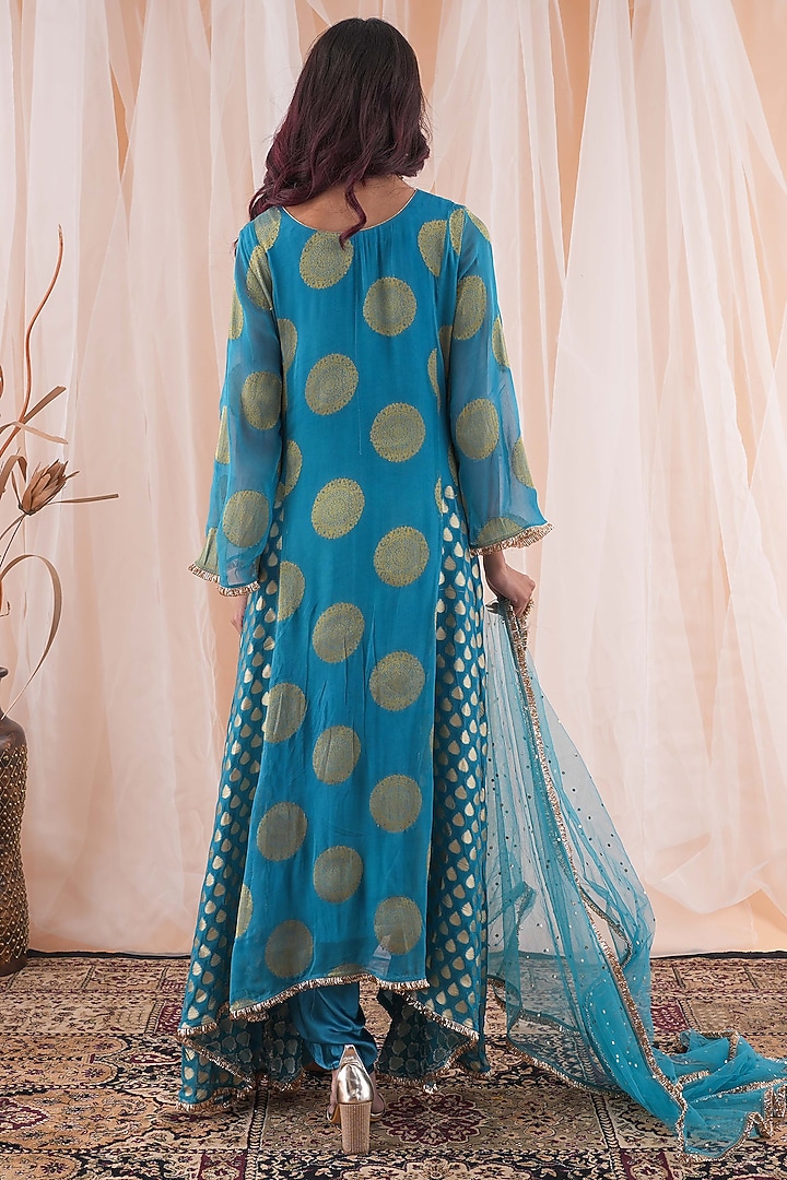 Peacock Blue Banarasi Georgette Hand Embroidered Party Wear Anarkali Set by Farha Syed at Pernia's Pop Up Shop