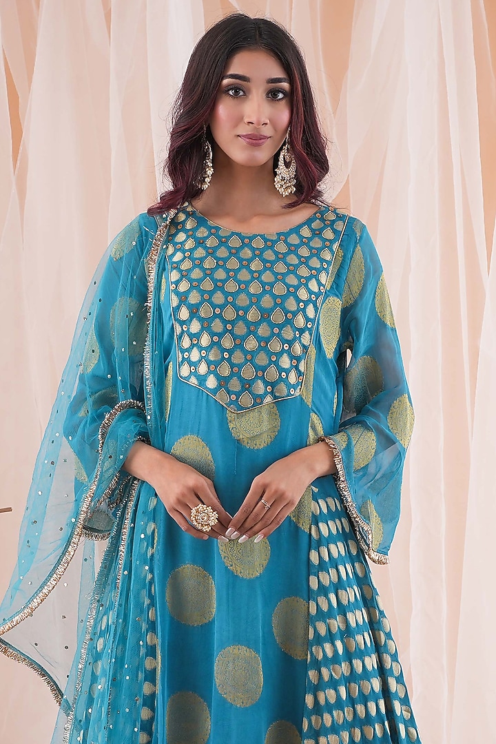 Peacock Blue Banarasi Georgette Hand Embroidered Party Wear Anarkali Set by Farha Syed at Pernia's Pop Up Shop