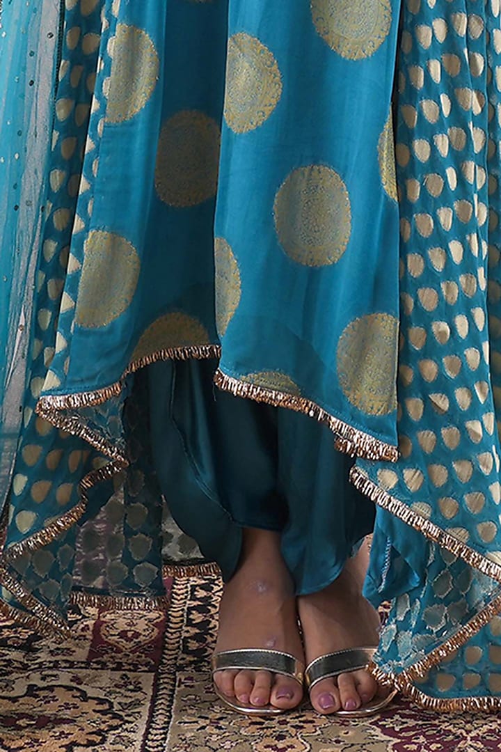 Peacock Blue Banarasi Georgette Hand Embroidered Party Wear Anarkali Set by Farha Syed at Pernia's Pop Up Shop