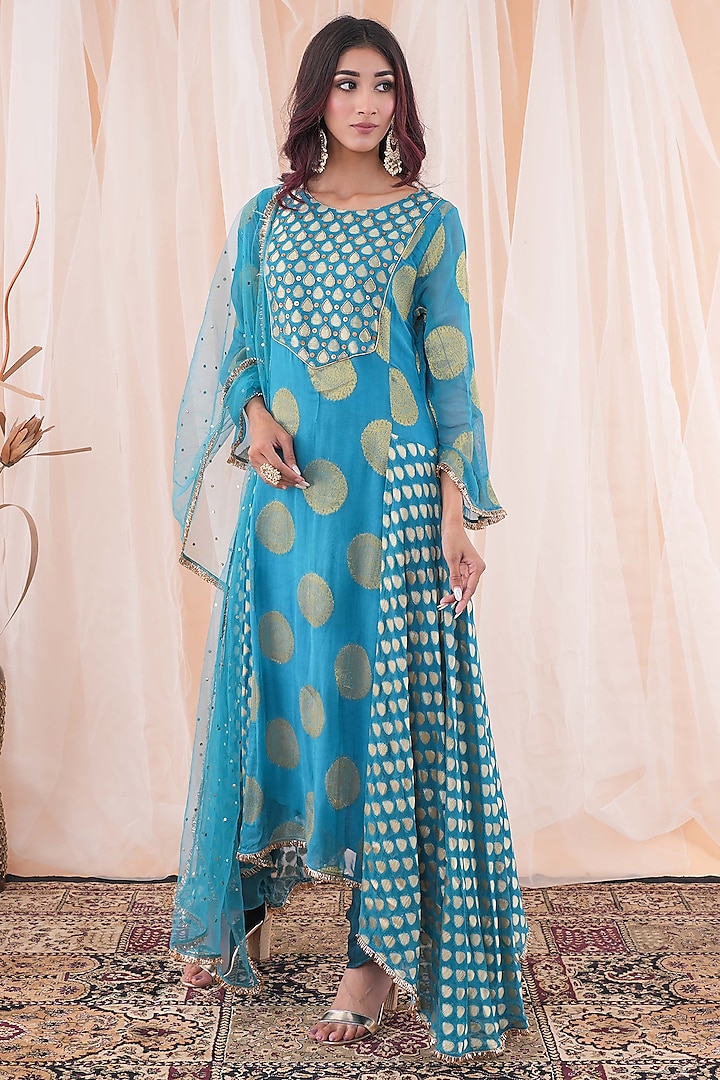 Peacock Blue Banarasi Georgette Hand Embroidered Party Wear Anarkali Set by Farha Syed at Pernia's Pop Up Shop