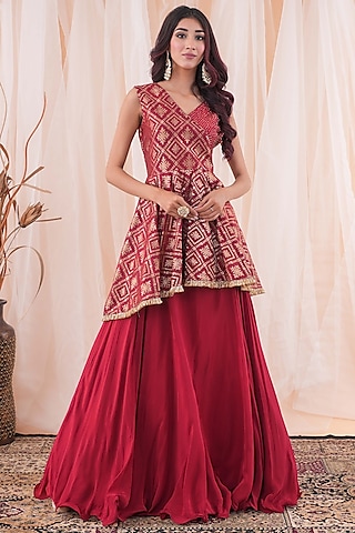 Maroon Crepe Lehenga Set by Farha Syed