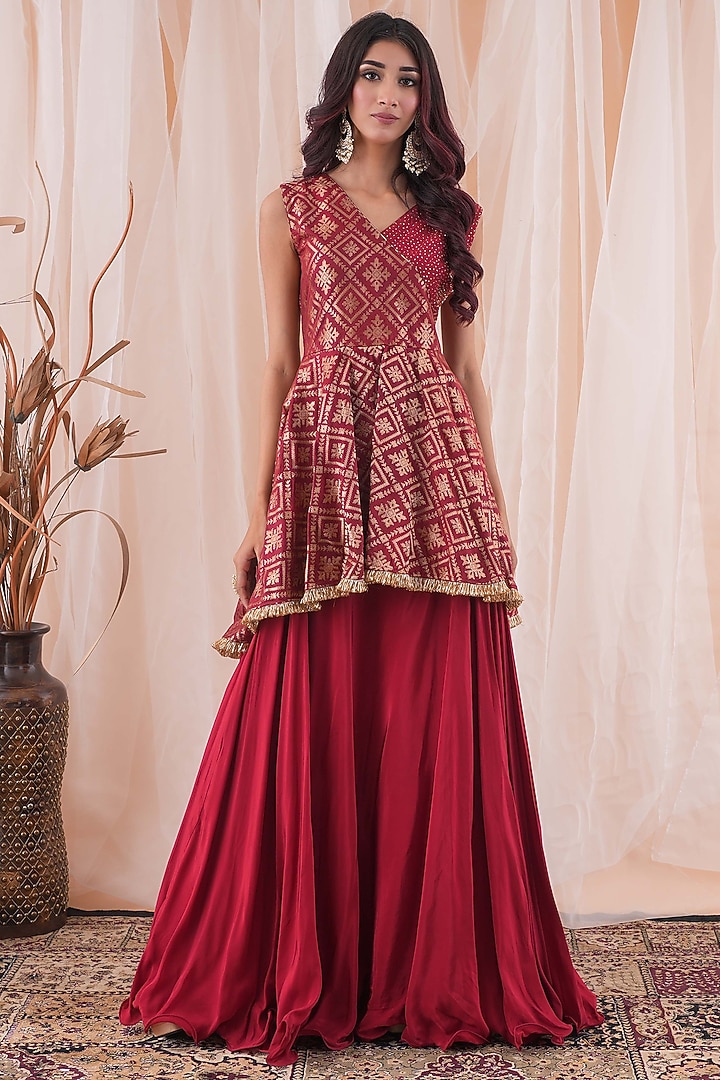 Maroon Crepe Lehenga Set by Farha Syed at Pernia's Pop Up Shop