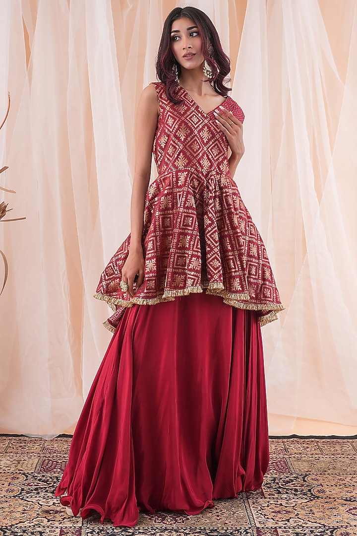 Maroon Crepe Lehenga Set by Farha Syed at Pernia's Pop Up Shop