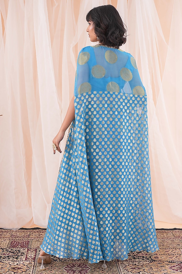 Peacock Blue Banarasi Georgette Embroidered Kaftan Cape Set by Farha Syed at Pernia's Pop Up Shop
