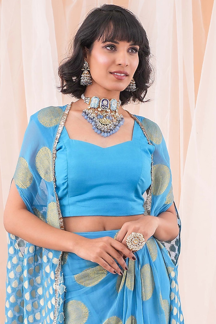 Peacock Blue Banarasi Georgette Embroidered Kaftan Cape Set by Farha Syed at Pernia's Pop Up Shop