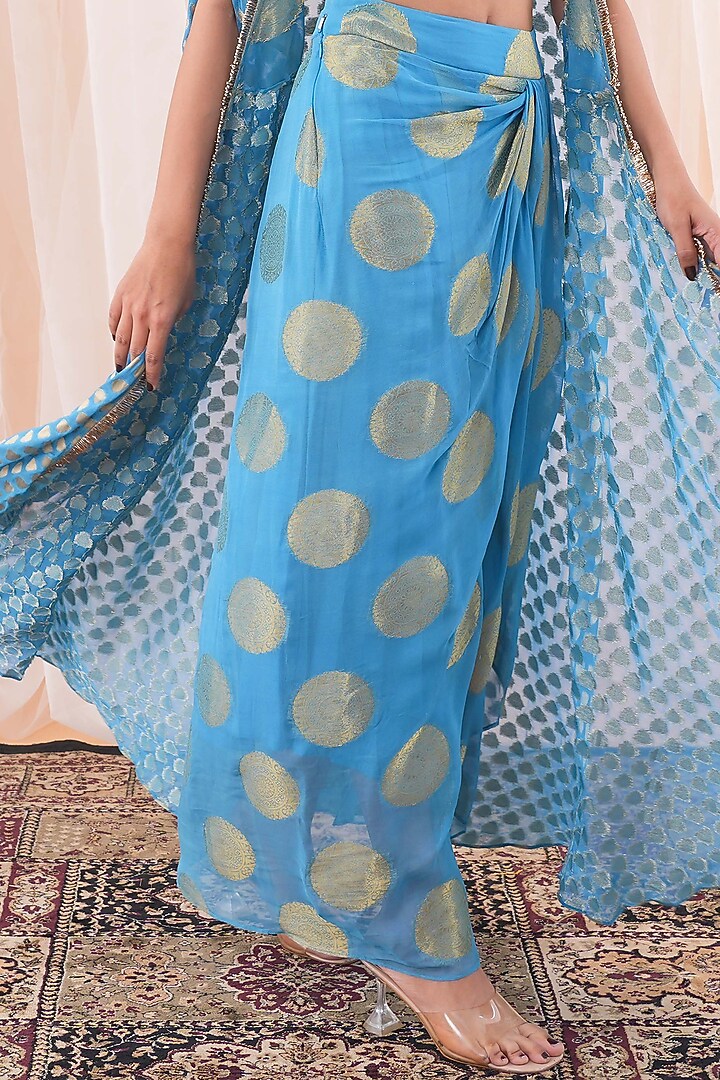 Peacock Blue Banarasi Georgette Embroidered Kaftan Cape Set by Farha Syed at Pernia's Pop Up Shop