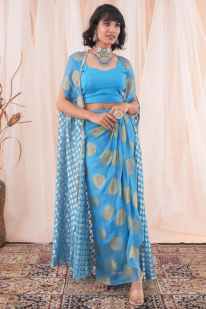 Peacock Blue Banarasi Georgette Embroidered Kaftan Cape Set by Farha Syed at Pernia's Pop Up Shop