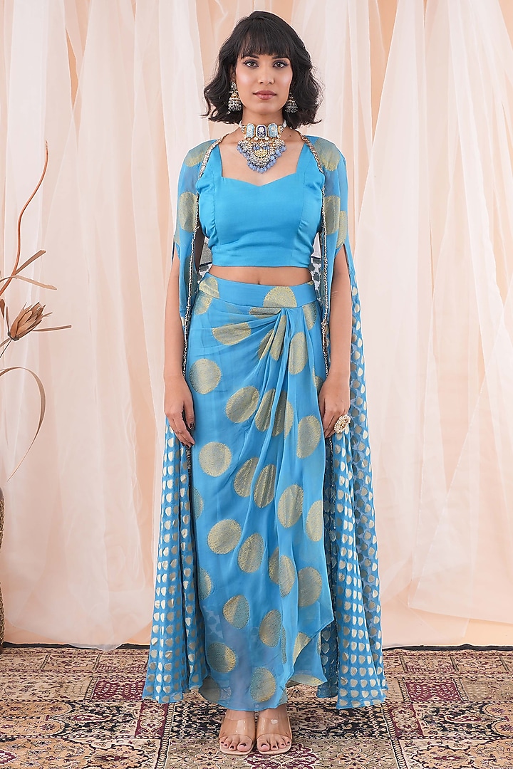 Peacock Blue Banarasi Georgette Embroidered Kaftan Cape Set by Farha Syed at Pernia's Pop Up Shop