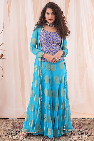Peacock Blue & Ink Blue Sharara Set by Farha Syed